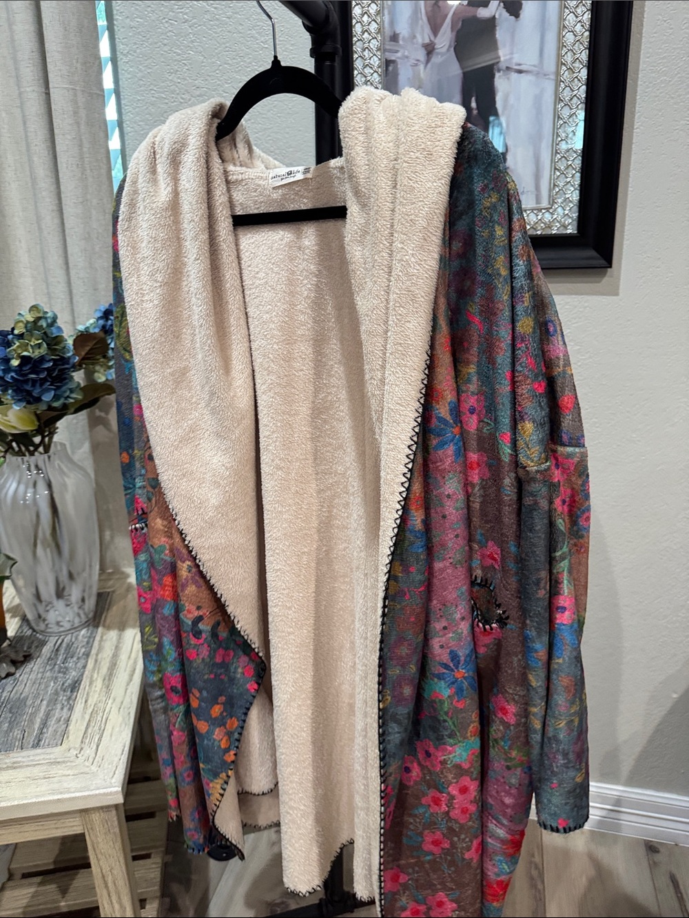 NATURAL LIFE Beige Sherpa-Lined Floral Hooded Coatigan